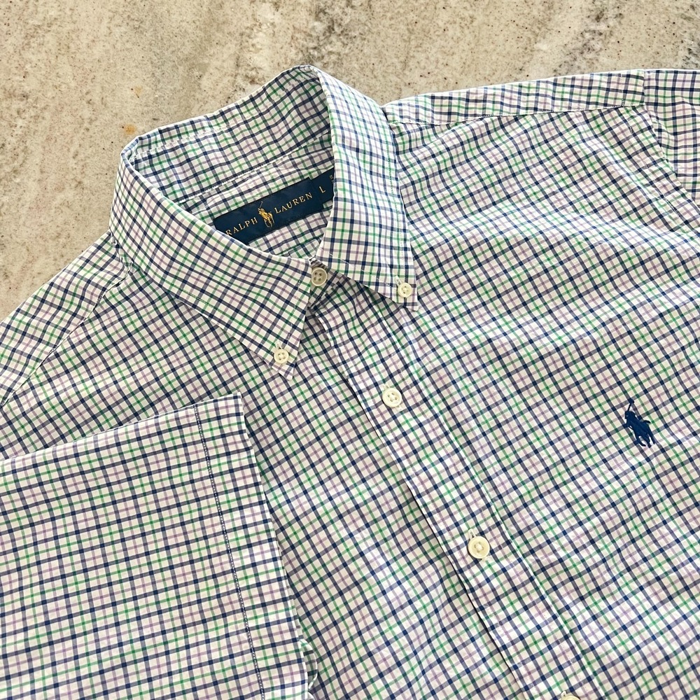 RALPH LAUREN Short Sleeve Shirt Mens Size L Purple Green White Checked Pony Logo